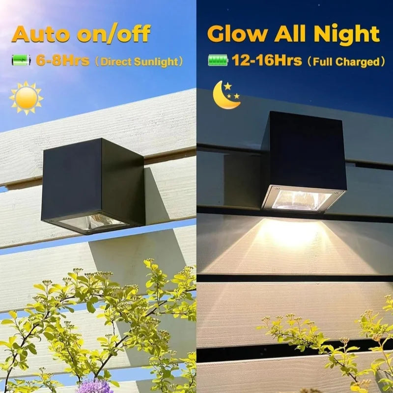 Solar Wall Light – IP65 Waterproof LED Outdoor Cube Lamp (Warm White or RGB, Dusk to Dawn)