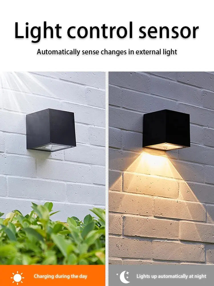 Solar Wall Light – IP65 Waterproof LED Outdoor Cube Lamp (Warm White or RGB, Dusk to Dawn)