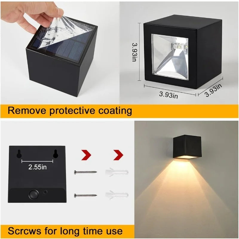 Solar Wall Light – IP65 Waterproof LED Outdoor Cube Lamp (Warm White or RGB, Dusk to Dawn)
