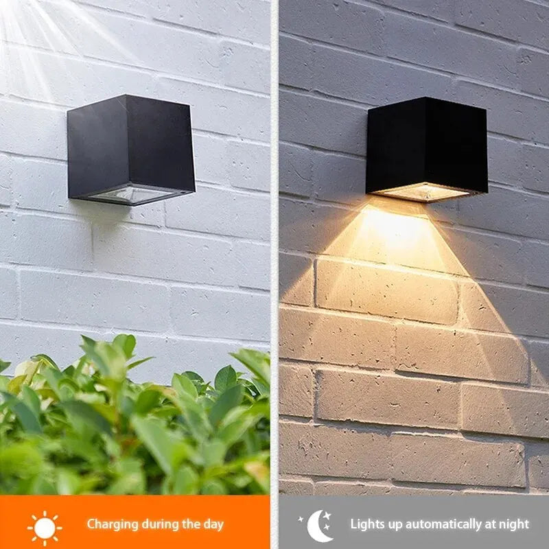 Solar Wall Light – IP65 Waterproof LED Outdoor Cube Lamp (Warm White or RGB, Dusk to Dawn)